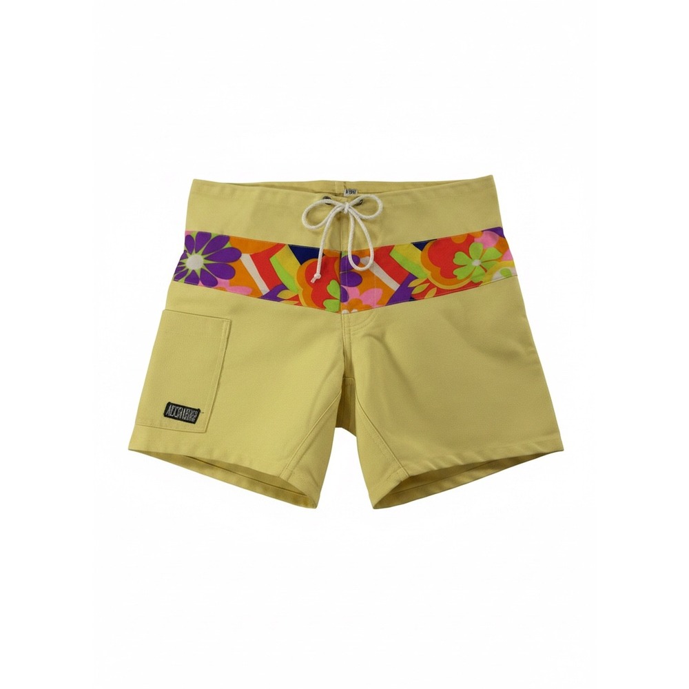 Vintage Surf and Sand Yellow Board Shorts Floral Psychedelic Retro 70s Mens 30